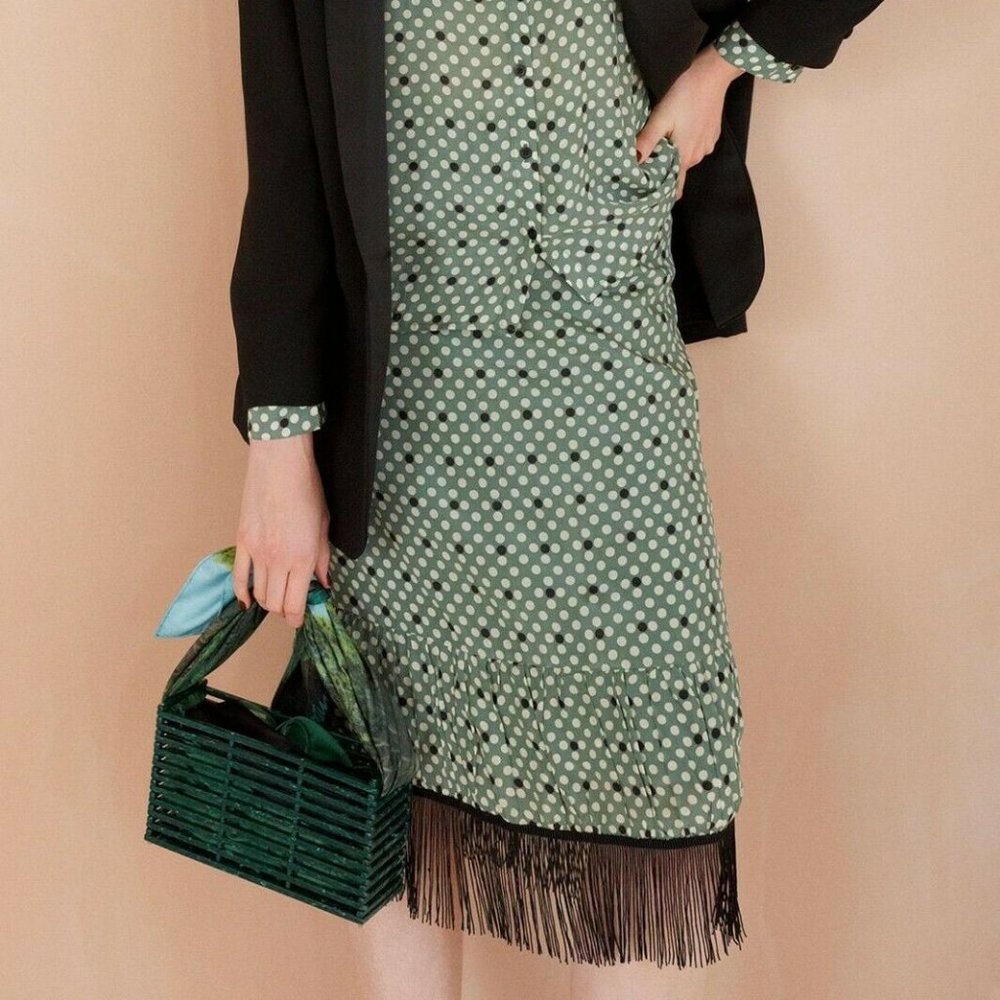 Caramel Green Polka Dot Printed Fringes Midi Skirt